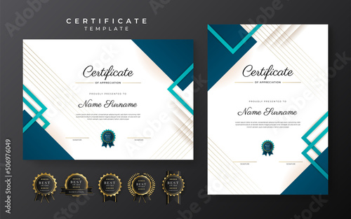 Blue certificate of achievement template with gold badge and border