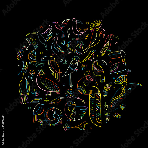 Collection of paradise tropical birds. Pink flamingo and green parrots on branches. Peacocks with toucans etc. Childish style in colorful outline on black background