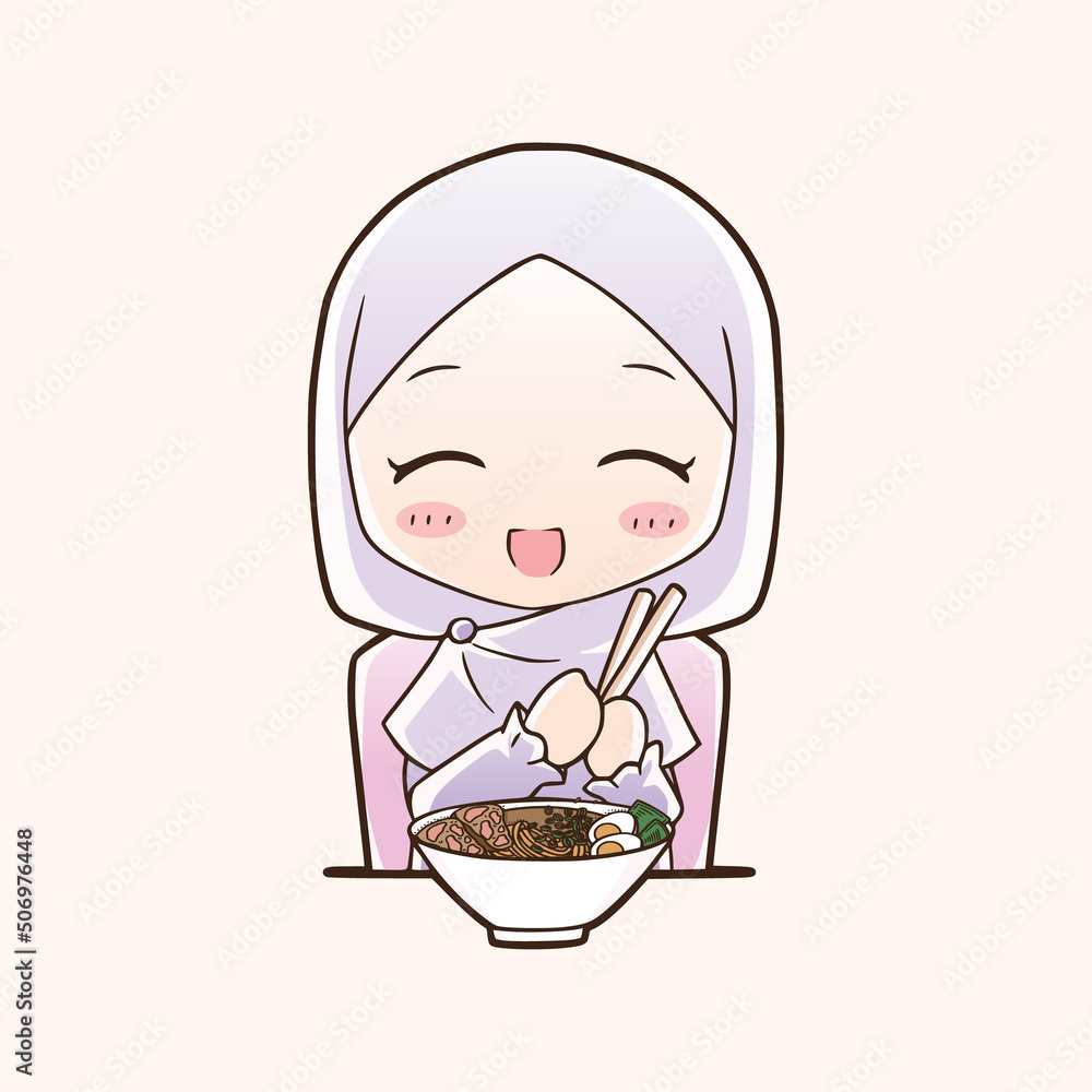 Cute moslem girl eat halal ramen noodles food hand drawn cartoon art illustration. Mascot logo vector style. Cute moslem girl eat halal ramen noodles food hand drawn cartoon art illustration. Mascot logo vector style.