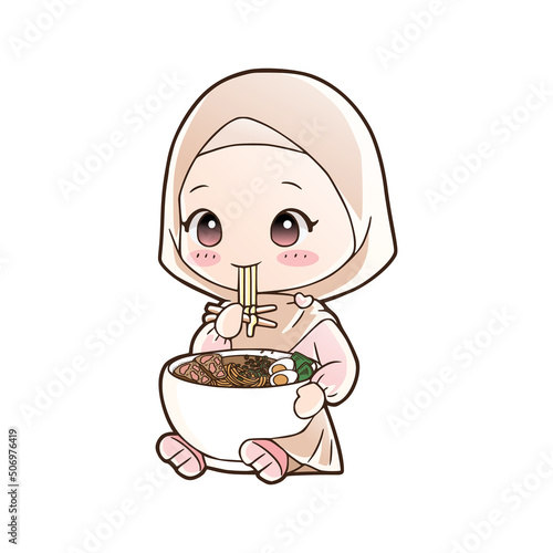 Cute moslem girl eat halal ramen noodles food hand drawn cartoon art illustration. Mascot logo vector style. 