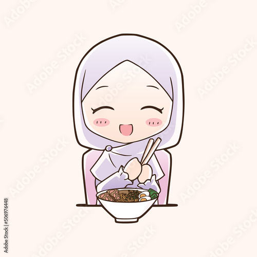 Cute moslem girl eat halal ramen noodles food hand drawn cartoon art illustration. Mascot logo vector style. 