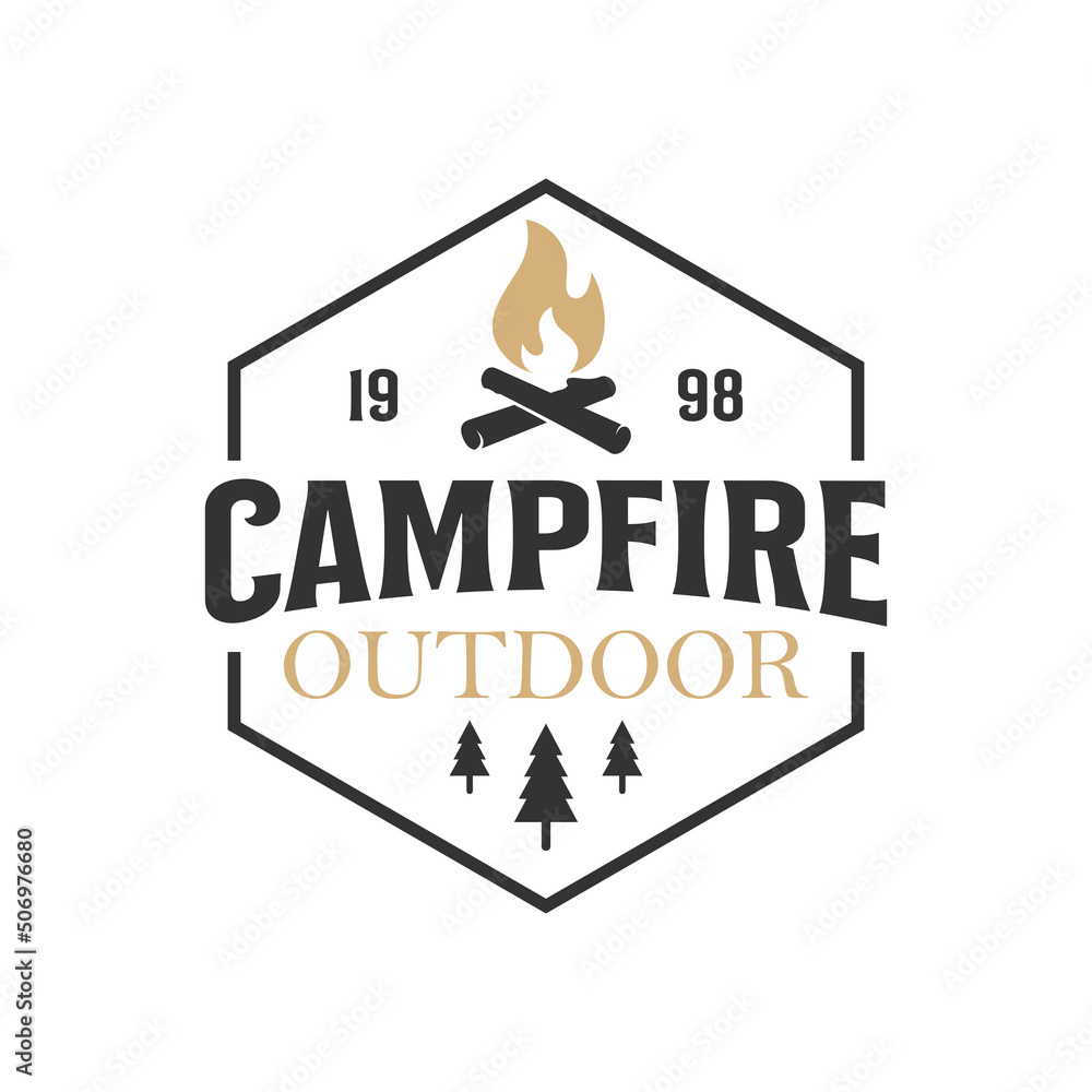 Illustration for camping, campfire, emblem camping, hobby illustration. Vintage campfire vector logo and labels