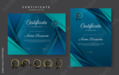 Blue certificate of achievement template with gold badge and border