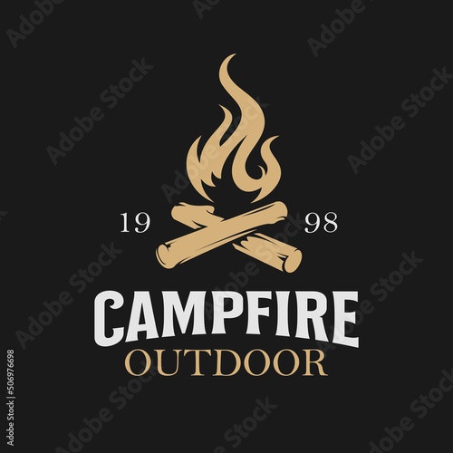 Illustration for camping, campfire, emblem camping, hobby illustration. Vintage campfire vector logo and labels