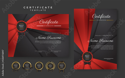 Red and black certificate of achievement template with gold badge and border