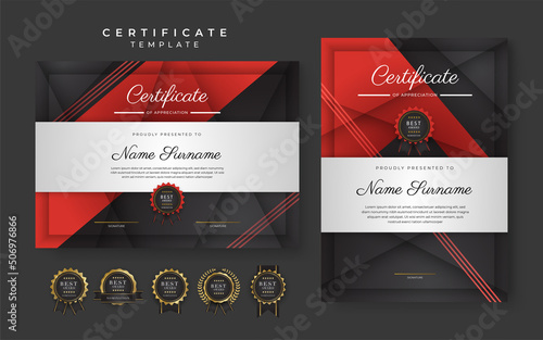 Red and black certificate of achievement template with gold badge and border