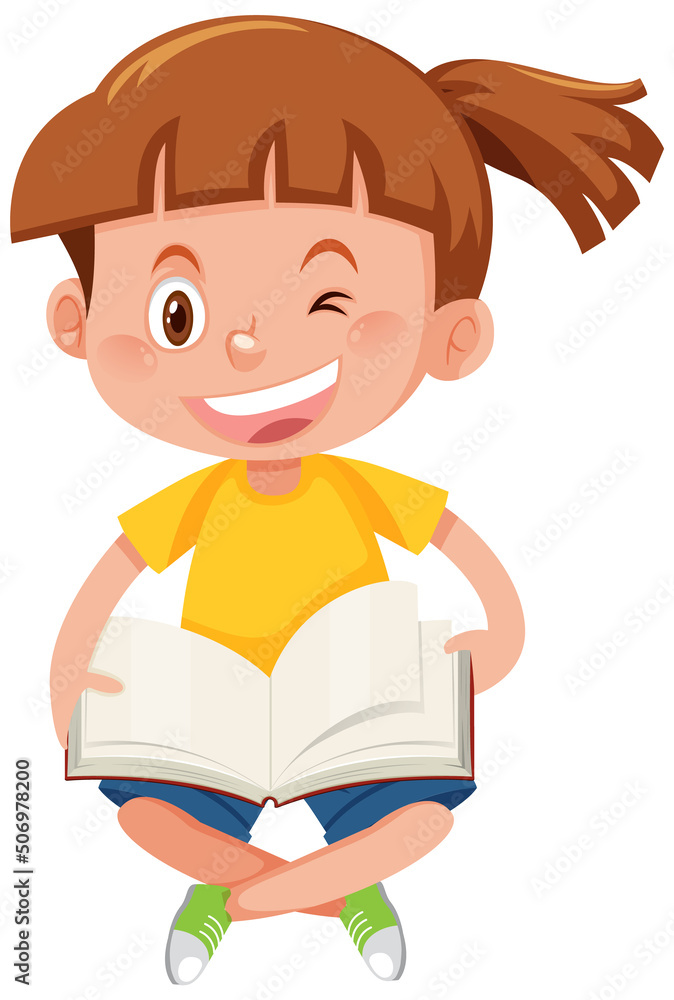A happy girl reading book in cartoon style A happy girl reading book in cartoon style