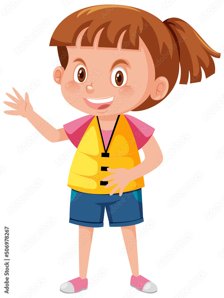 Little girl wearing yellow life jacket in cartoon style Little girl wearing yellow life jacket in cartoon style