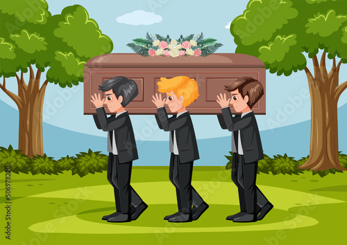 People carry coffin on shoulder