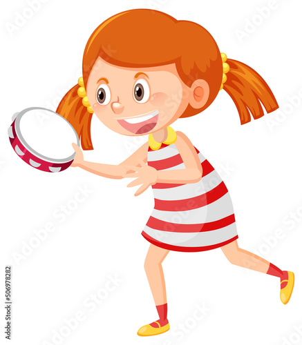 Girl with tambourine on white background