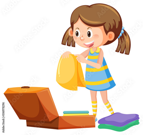 Girl folding clothes and packing luggage