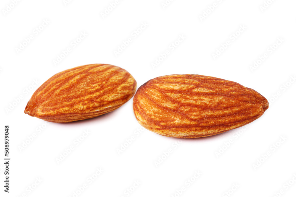 Organic almond nuts isolated on white background. Healthy snack Organic almond nuts isolated on white background. Healthy snack