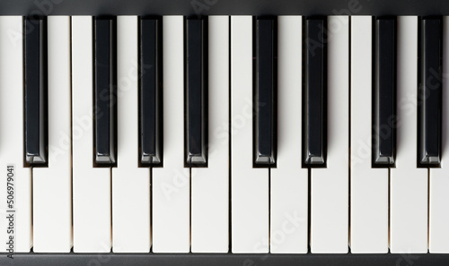 Black and white piano keys close up view