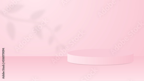 blank pink pedestal with leaves shadow on background for luxury product display. organic cosmetic advertising backdrop with copy space concept © piggu