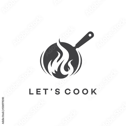 A simple yet playful sophisticated logo design displaying a pan with a fire where cooking.