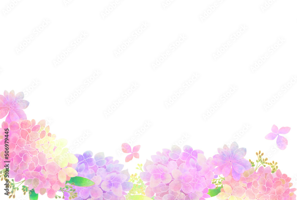 アンティークなピンクの紫陽花のフレーム（白背景）