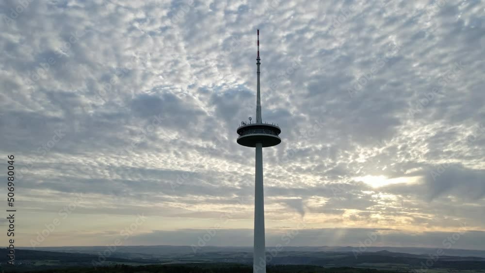 Establishing shot from the TV tower perspective of the city of Koblenz with beautiful clouds in the sky Establishing shot from the TV tower perspective of the city of Koblenz with beautiful clouds in the sky