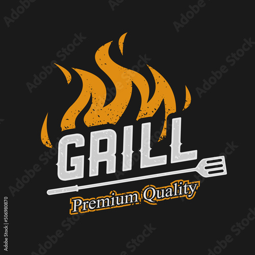 Barbeque logo design. grill food, fire, and spatula concept template Vector flat illustration