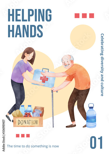 Poster template with humanitary aid refugees concept,watercolor