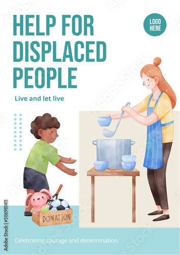 Poster template with humanitary aid refugees concept,watercolor