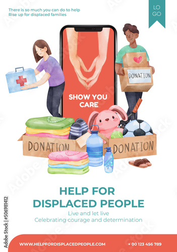 Poster template with humanitary aid refugees concept,watercolor