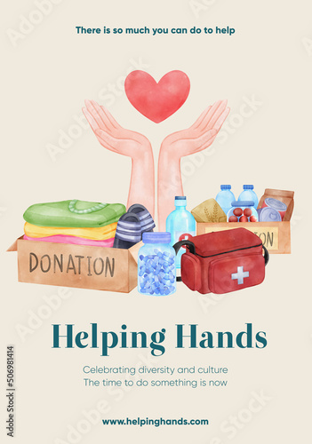 Poster template with humanitary aid refugees concept,watercolor