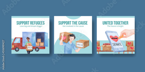 Banner template with humanitary aid refugees concept,watercolor
