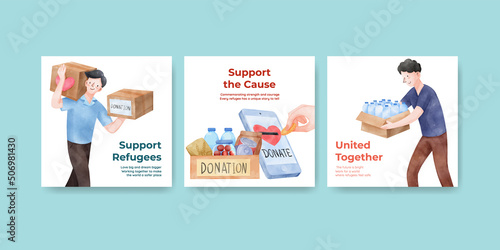 Banner template with humanitary aid refugees concept,watercolor