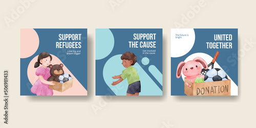 Banner template with humanitary aid refugees concept,watercolor