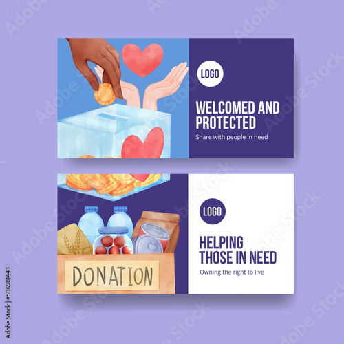 Twitter template with humanitary aid refugees concept,watercolor