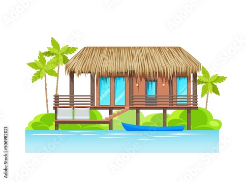 Modern bungalow exterior on island with parked water boat. Luxury tropical resort hotel, vector villa, summer vacation wooden home building on pillars with thatched roof, terrace and entrance to water