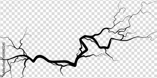 Crack on concrete or ground due to aging or drought. Fissure isolated in transparent background. Monochrome vector illustration