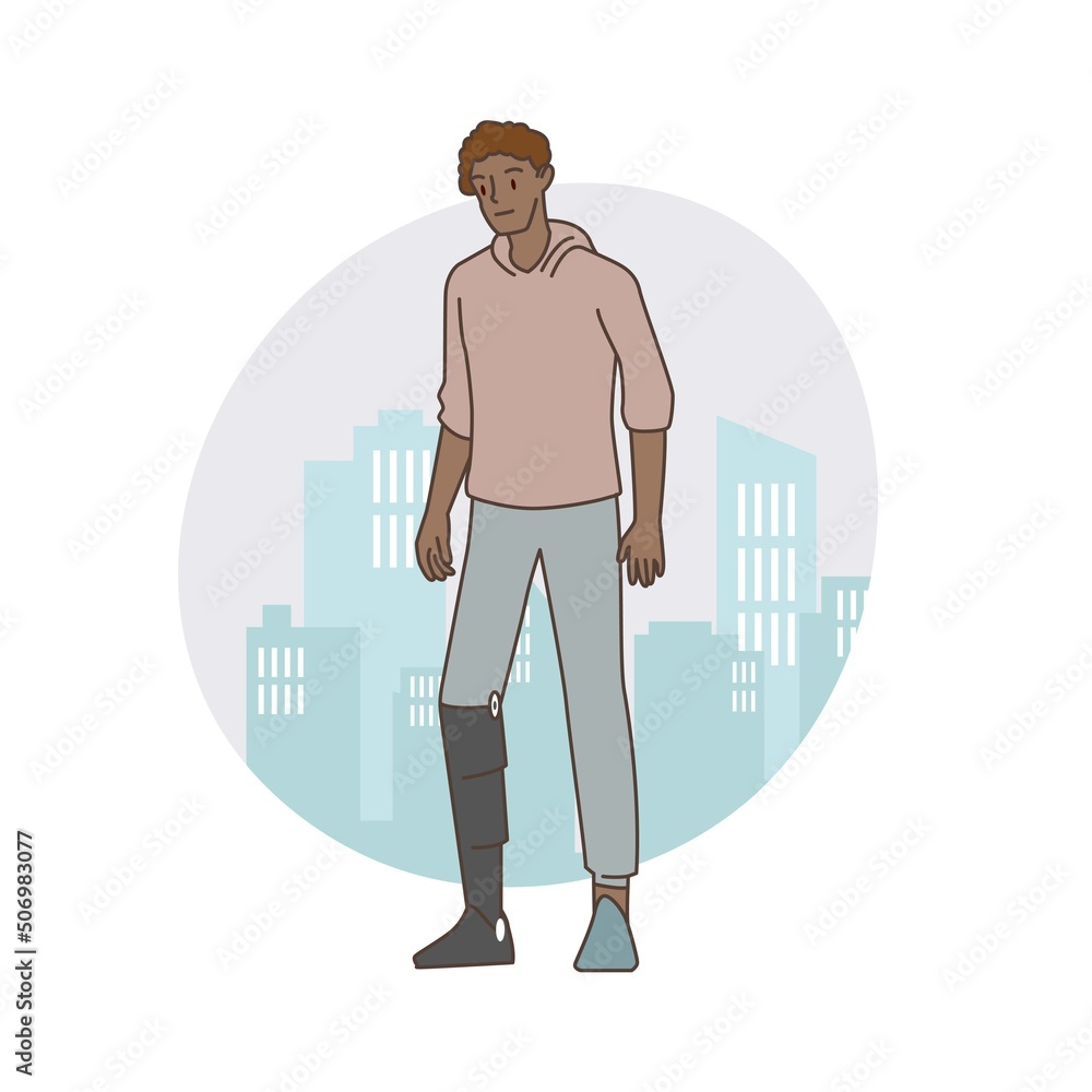 People with a disability.
Person amputated eg wear prothetic. Hand draw style. Vector illustration. People with a disability.
Person amputated eg wear prothetic. Hand draw style. Vector illustration.