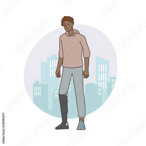 People with a disability. 
Person amputated eg wear prothetic. Hand draw style. Vector illustration.