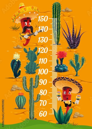 Kids height chart. Mexican cactuses and mariachi musicians chili pepper characters. Children height measure vector chart or growth ruler with cactuses in desert, chilli peppers with guitar and maracas