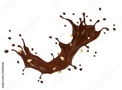 Chocolate and coffee milk splash with crushed peanuts and splatters, isolated vector. Cocoa milk drink or chocolate dessert with nuts, choco spread or sweet cream butter wave flow splash of syrup