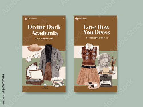 Instagram template with dark academia outfit concept,watercolor