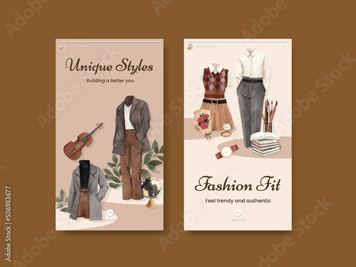 Instagram template with dark academia outfit concept,watercolor