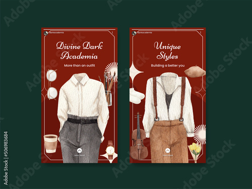 Instagram template with dark academia outfit concept,watercolor