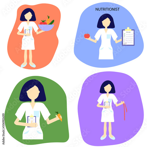 Vector illustration of a female doctor nutritionist, illustration in very peri color.