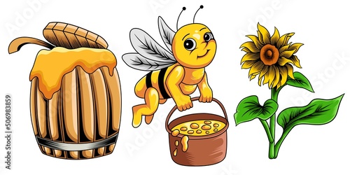 collection of bee, honey barrel, and sun flower illustration
