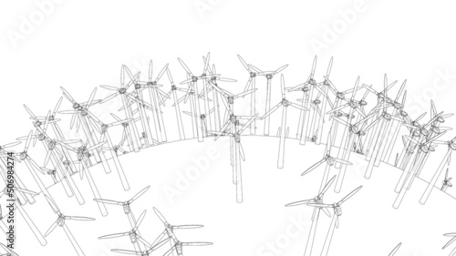 Electric wind turbines on round planet. Vector