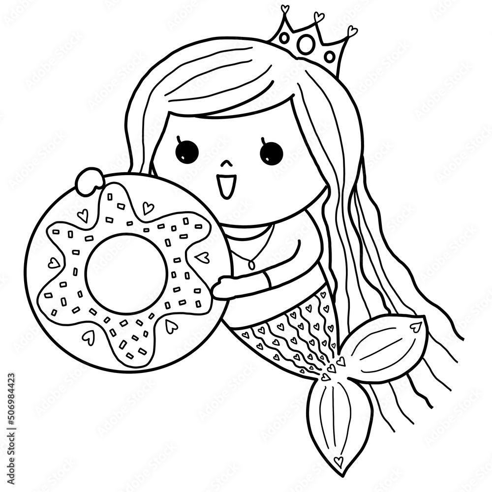 mermaid and big donut coloring page Stock Illustration | Adobe Stock