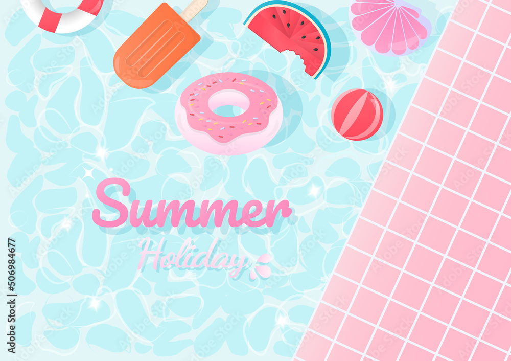 Summer holiday with ice cream and swimming ring floating in the pool