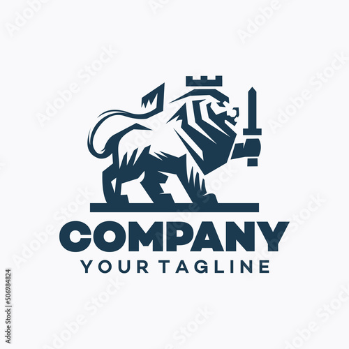 Heraldry Lion with Crown and sword Logo Mascot Vector illustration