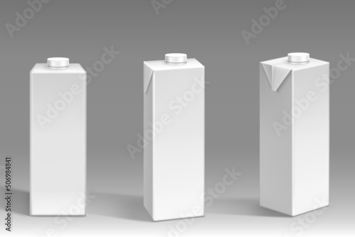White carton pack, blank box for milk or juice in front and angle view. Vector realistic 3d mockup of cardboard package with plastic cap for liquid dairy products and beverage isolated on background