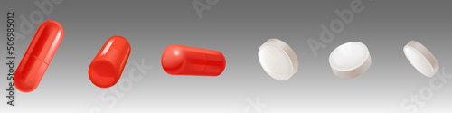 Medical drugs, white tablets and red capsules isolated on background. Vector realistic set of 3d pharmacy remedies, round pills and capsules from different views