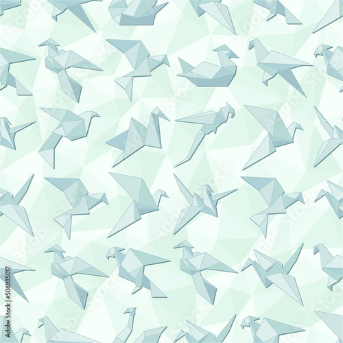 Set of 12 Origami birds. Seamless pattern with origami paper dove, duck, swan, parrot, eagle, hawk on a gray background. Abstract creative background. Good for design of wallpaper, fabrics. Vector
