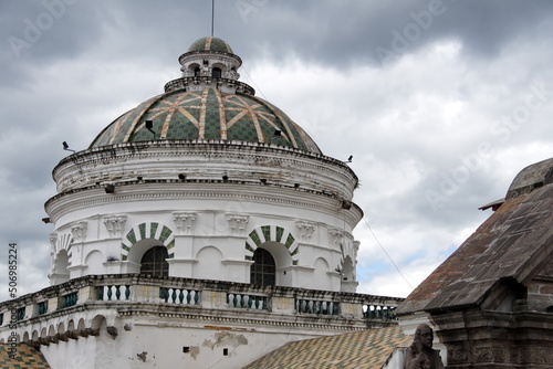 Green tile dome on The Church of El Sagrario in the Old Town, Quito, Ecuador