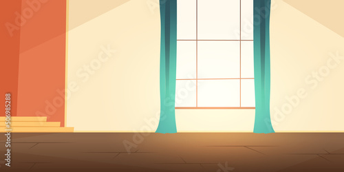 Empty living room, bedroom or hall with big window and blue curtains. Vector cartoon illustration of blank modern lounge interior, house or apartment inside